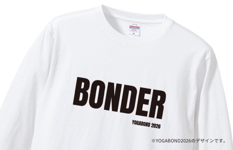 「BONDER」とプリントされたYOGABONDオリジナルTシャツ（YOGABOND2026のデザイン）